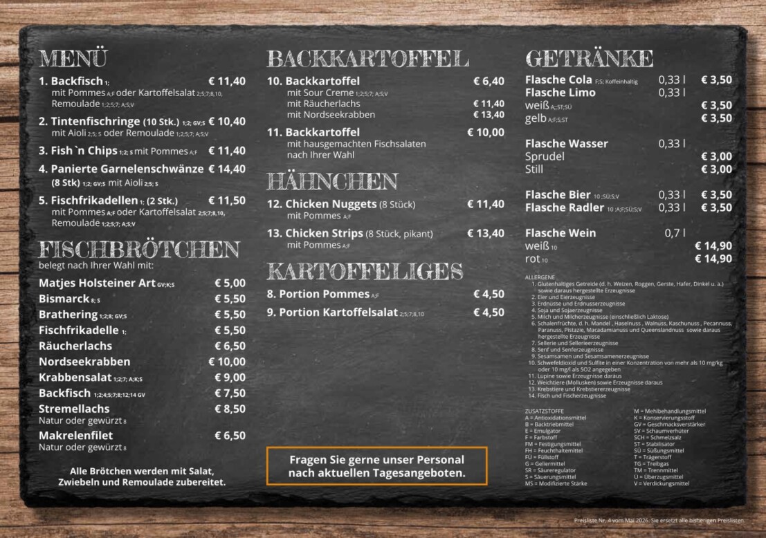 Flyer Menü Speisen und Getränke
