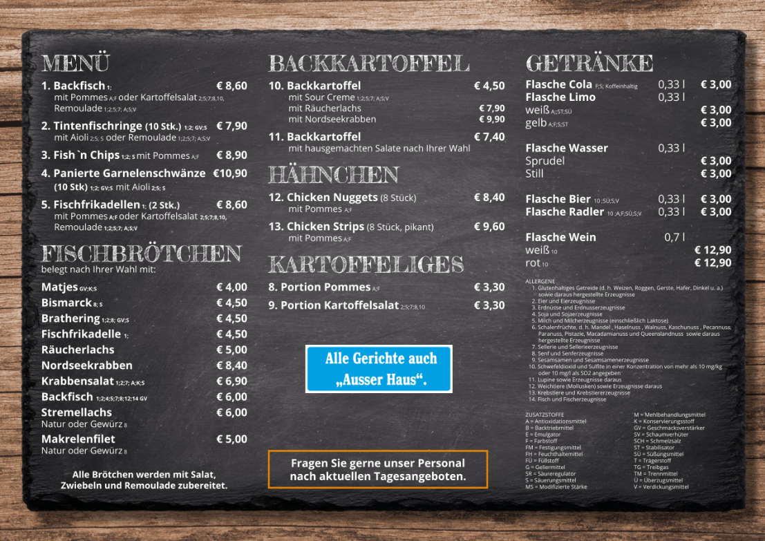 Flyer Menü Speisen und Getränke